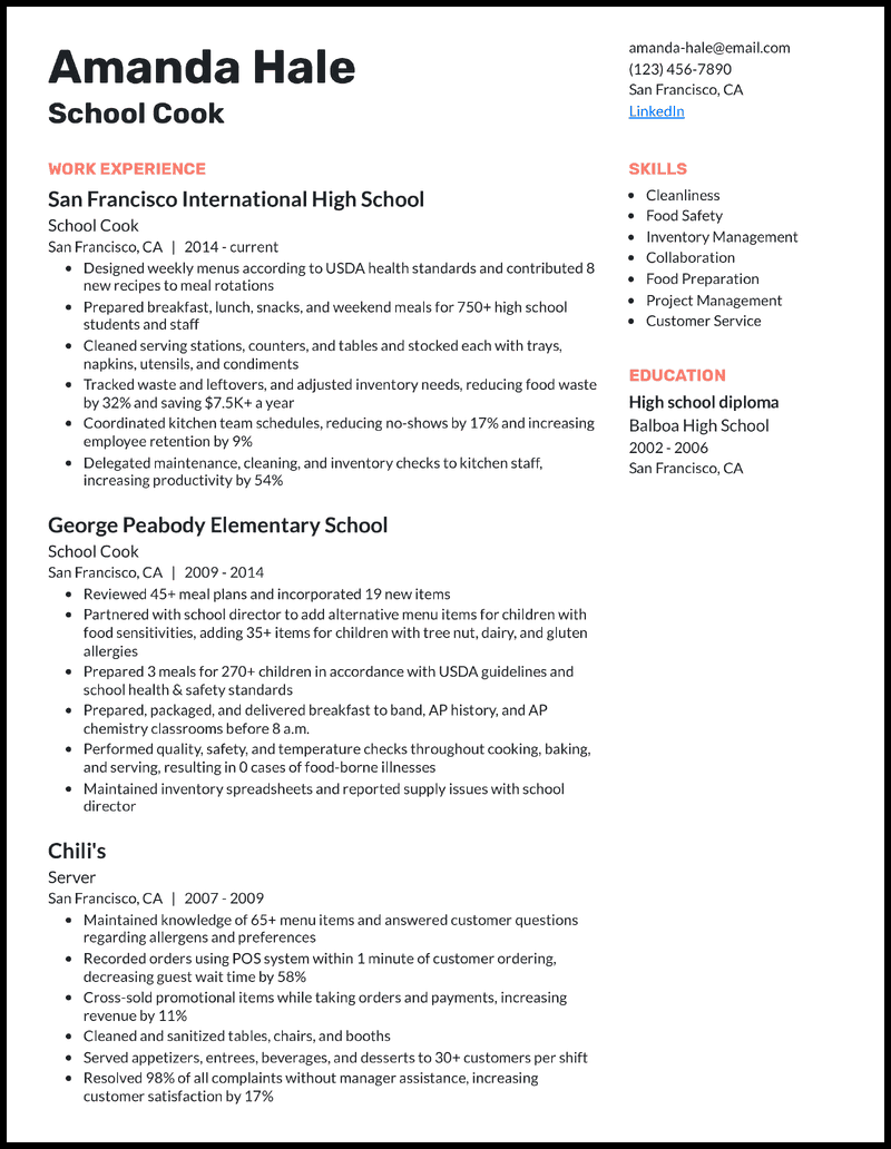 School cook resume example with 15 years of experience