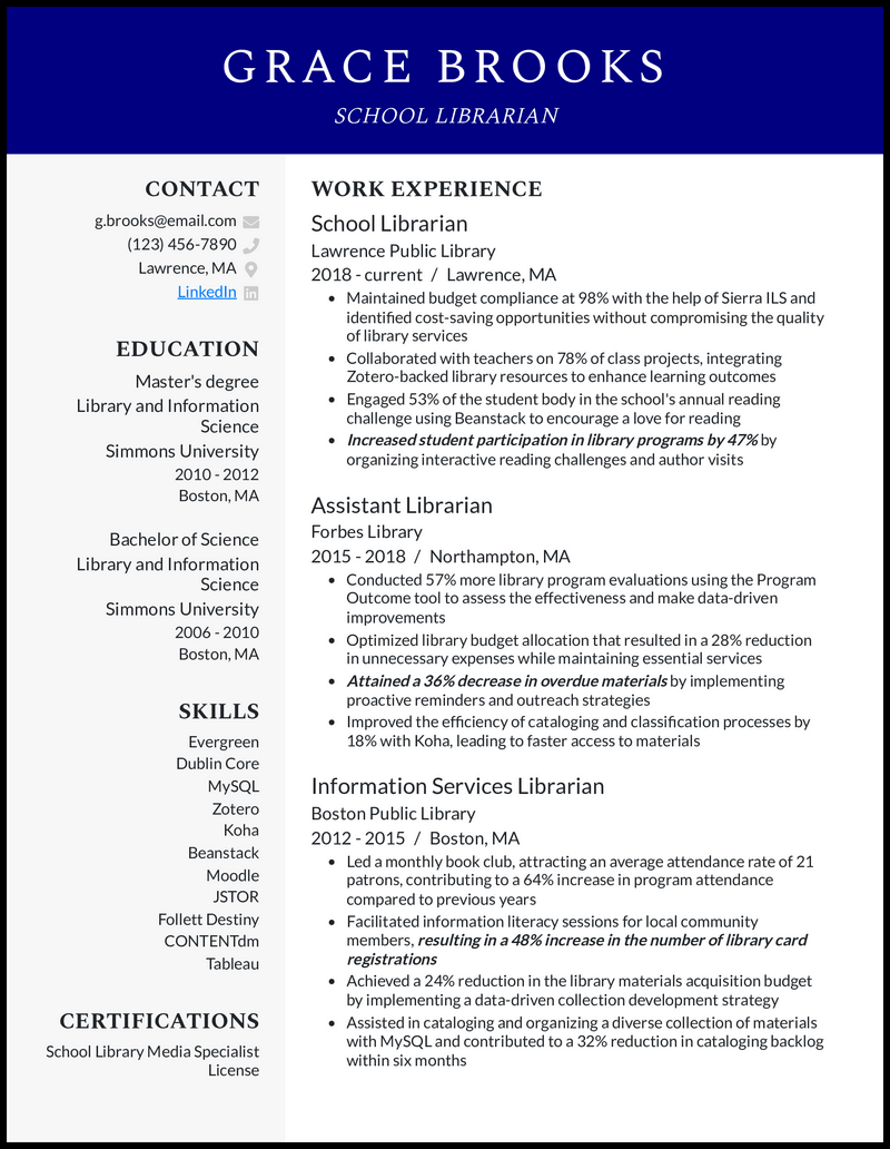 School Librarian resume example with 11 years experience