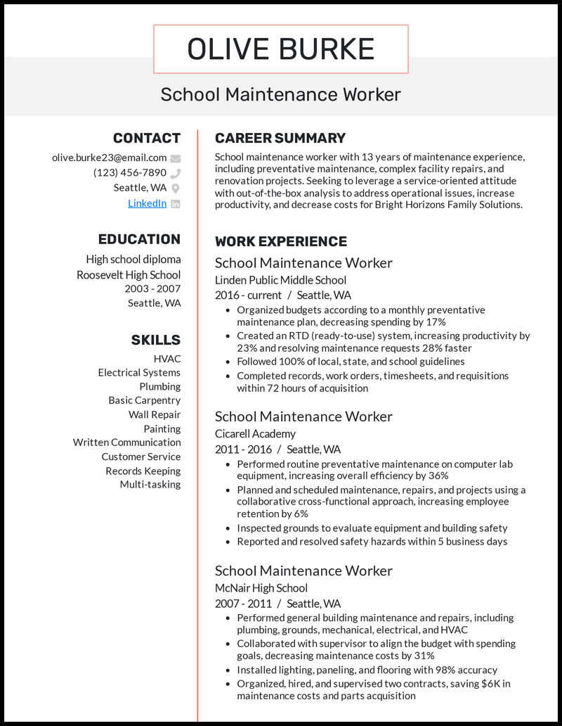 7 Maintenance Worker Resume Examples That Work In 2024   School Maintenance Worker Resume Example 