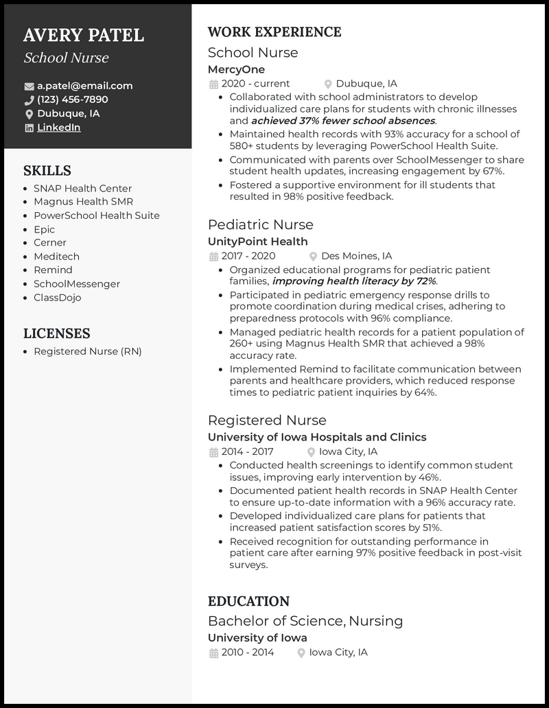 School nurse resume example with 4+ years experience