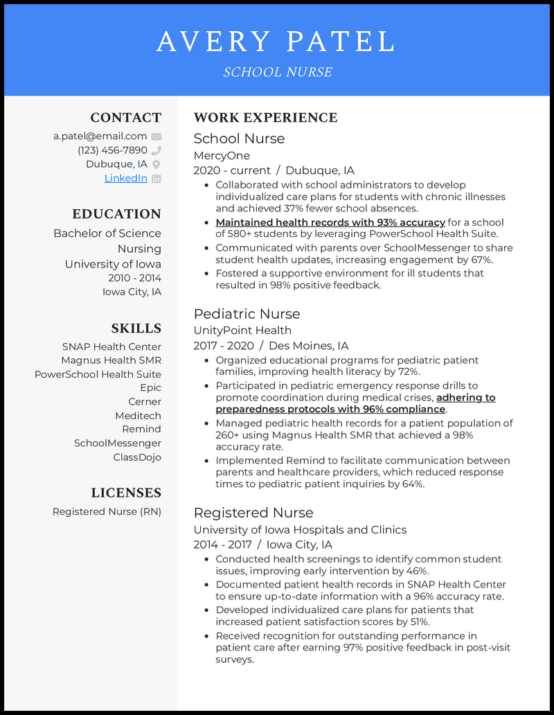 Clean school nurse resume example with 4+ years experience