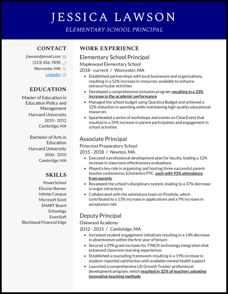 School principal resume example with 11 years of experience