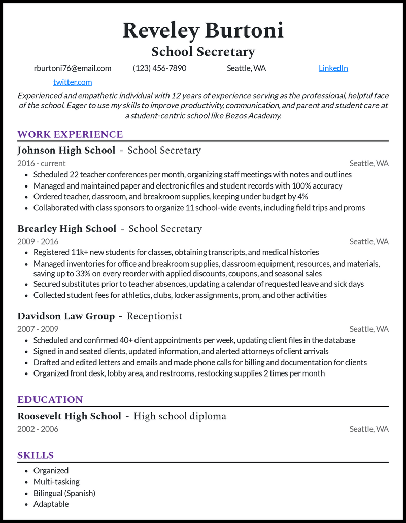 School secretary resume example with 16 years of experience