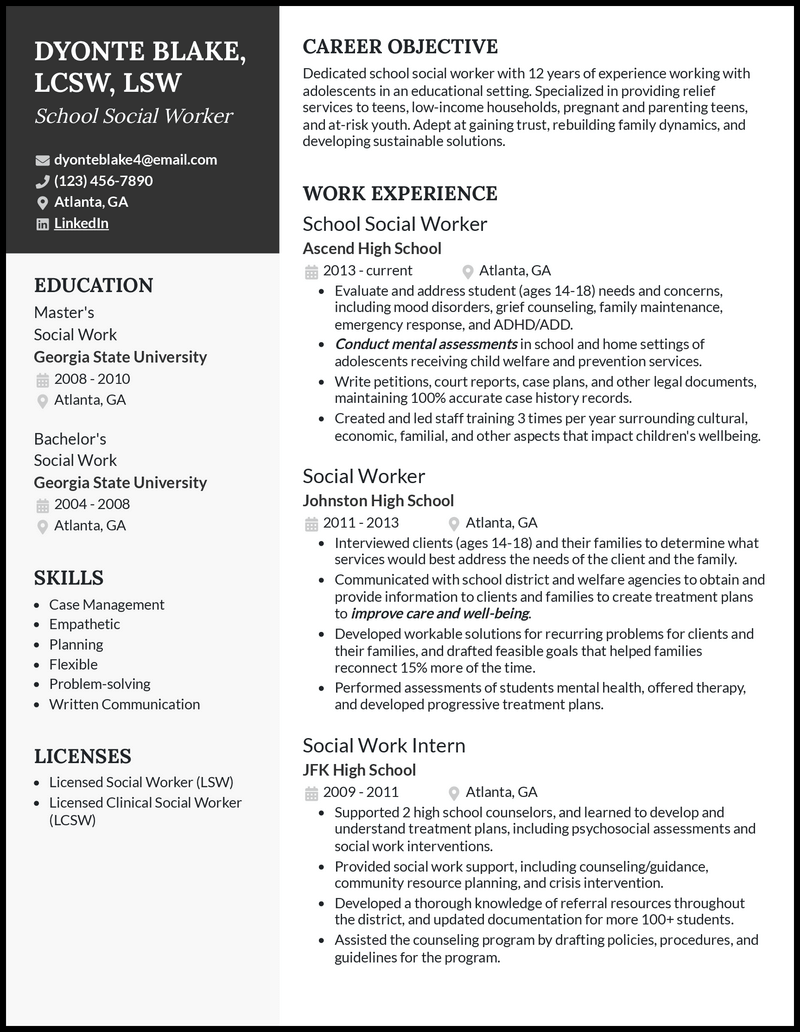 School social worker resume example with 7+ years experience