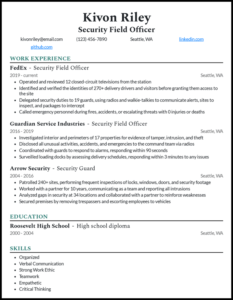 Security field officer resume example with 18 years of experience