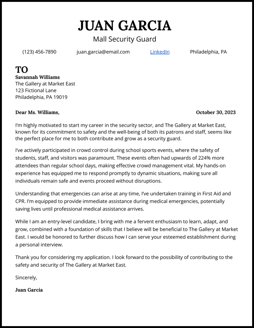 Security Guard no experience cover letter example