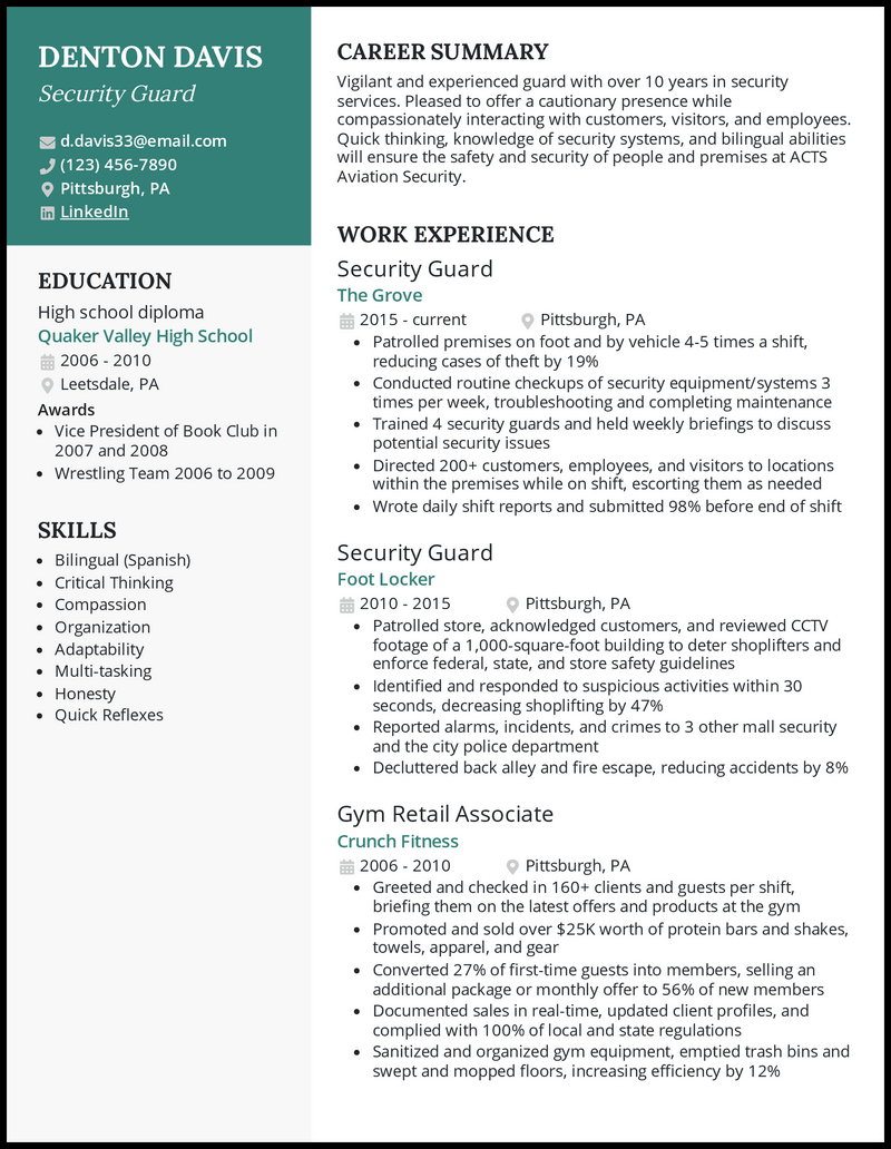 Security guard resume example with 12 years of experience