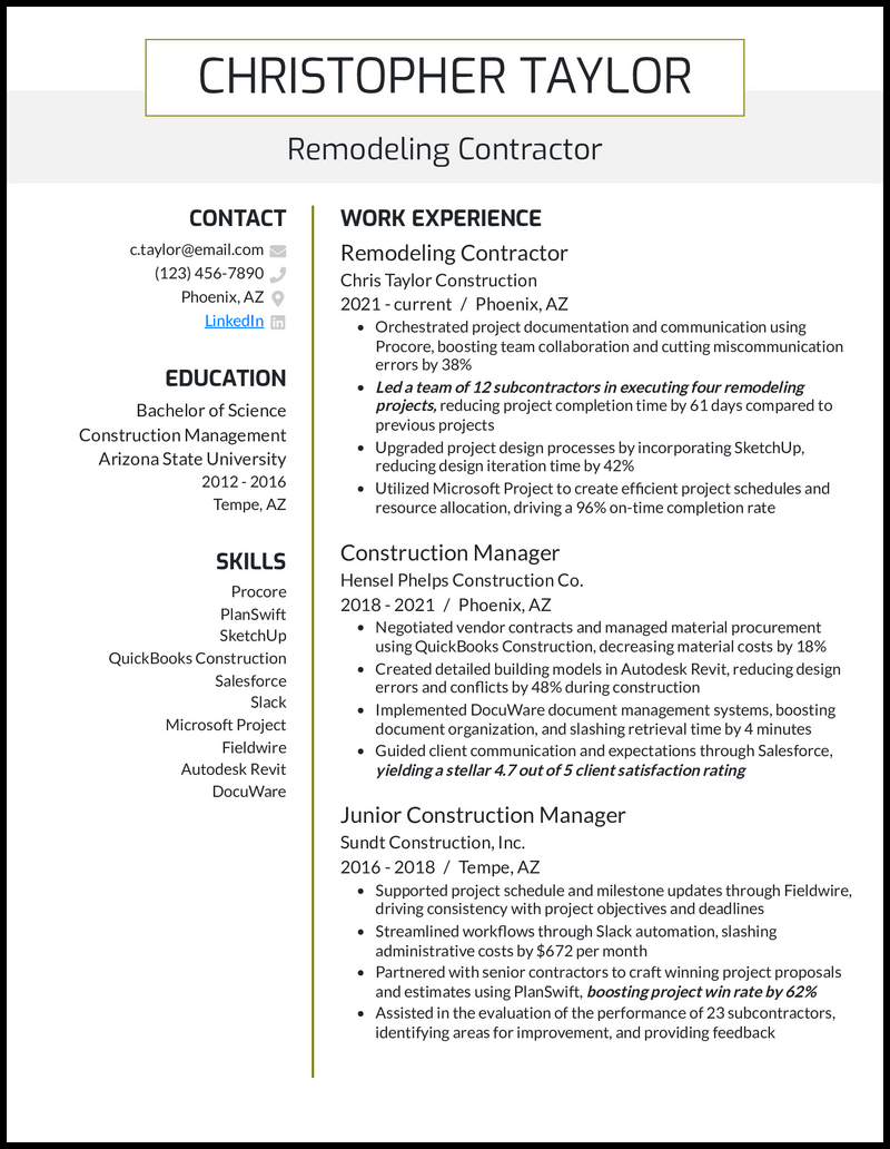 7 Contractor Resume Examples That - Self Employed Contractor Olive Resume Example