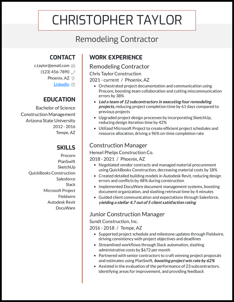 7 Contractor Resume Examples That - Self Employed Contractor Red Brown Resume Example 
