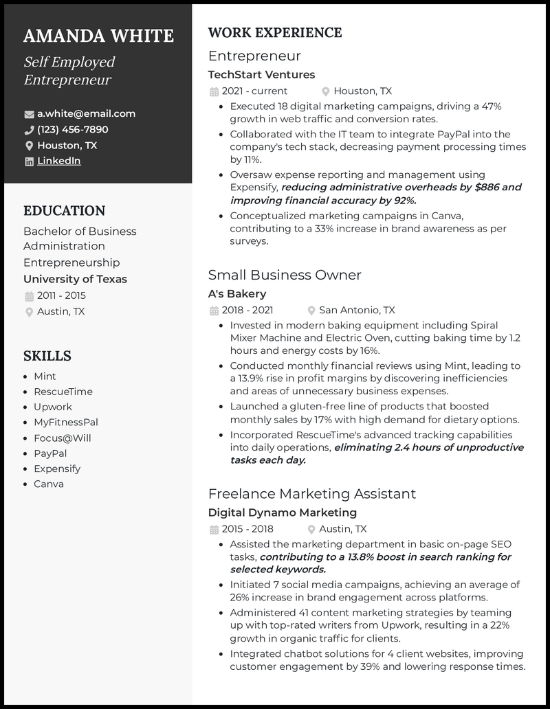 Self employed entrepreneur resume example with 5 years of experience