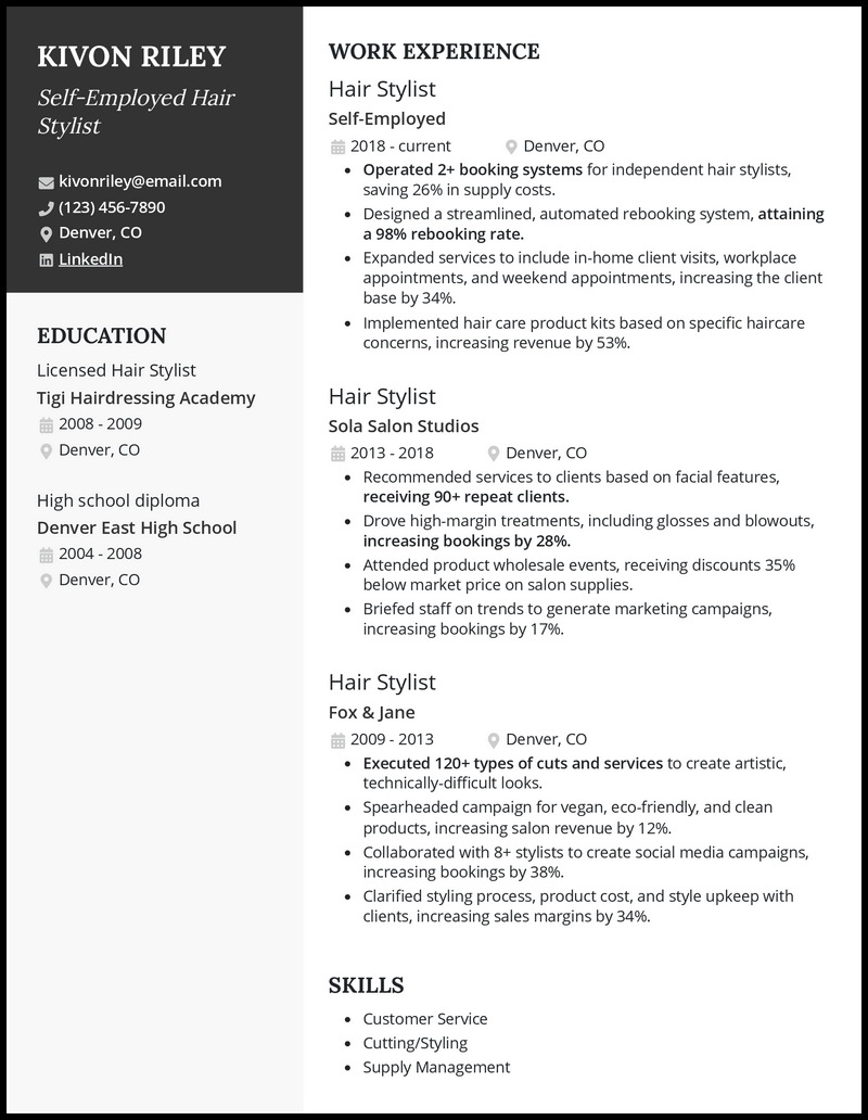 3 SelfEmployed Hair Stylist Resume Examples for 2024