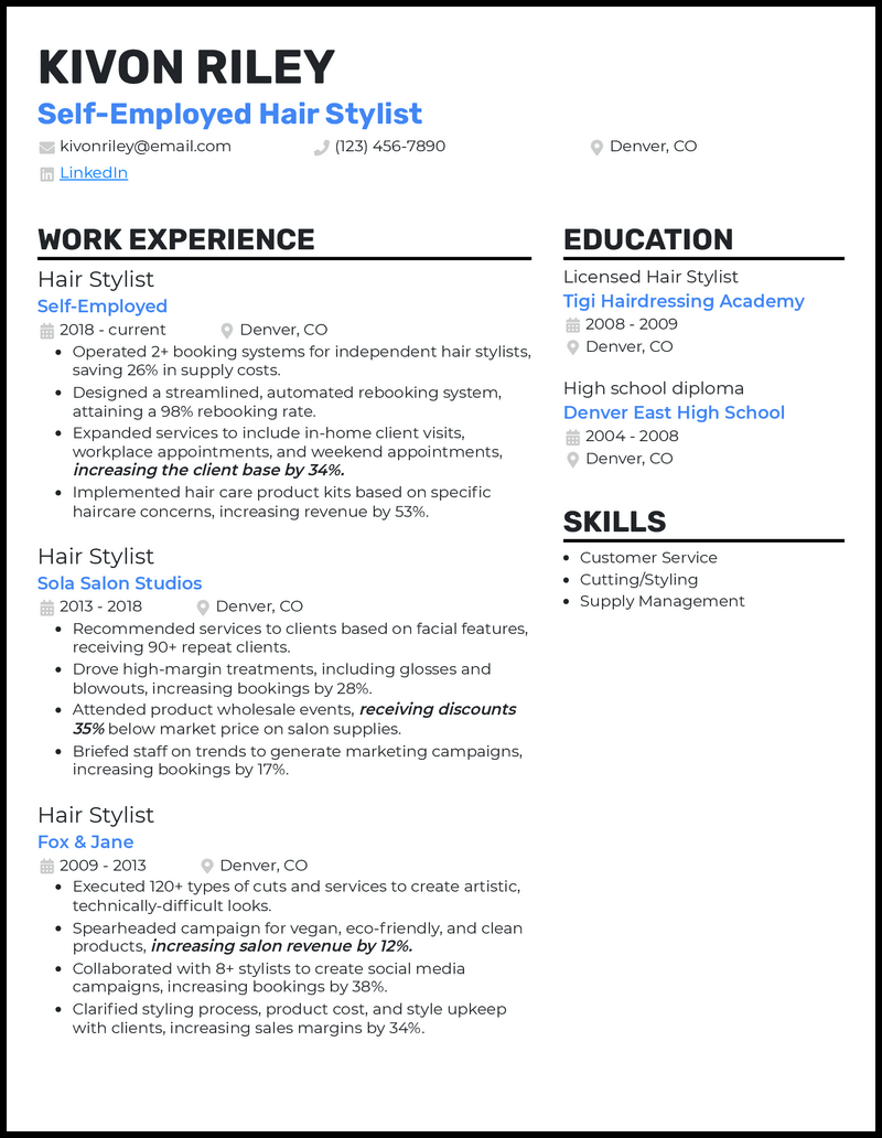 3 Self-Employed Hair Stylist Resume Examples for 2024