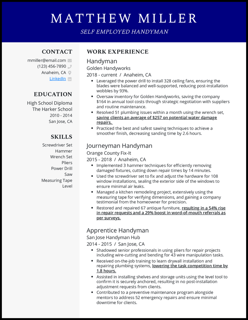 Self employed handyman resume example with 9 years of experience