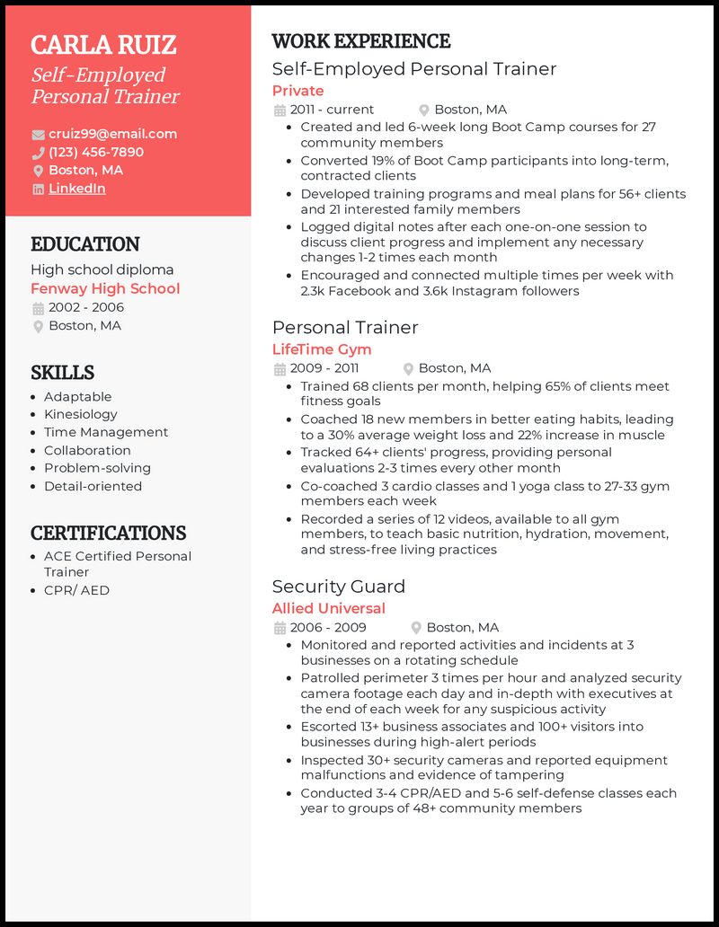 Self-employed personal trainer resume example with 13+ years of experience 