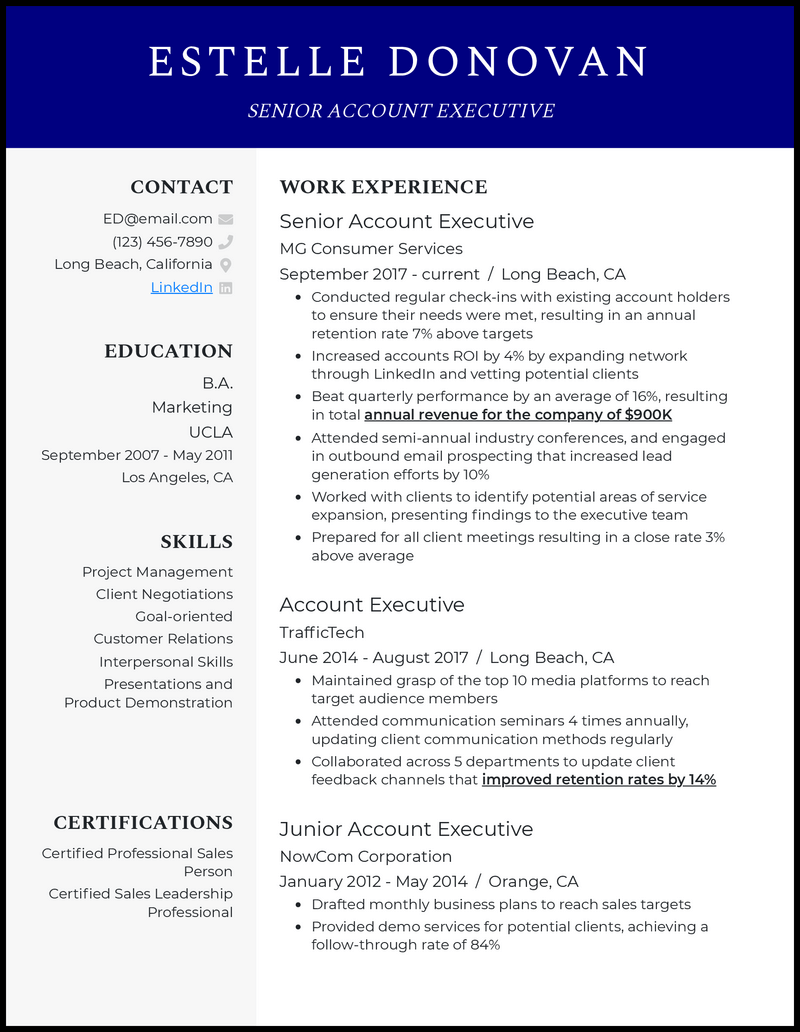 Modern senior account executive resume example