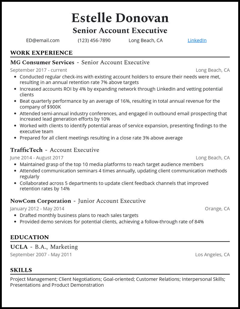 Professional senior account executive resume example