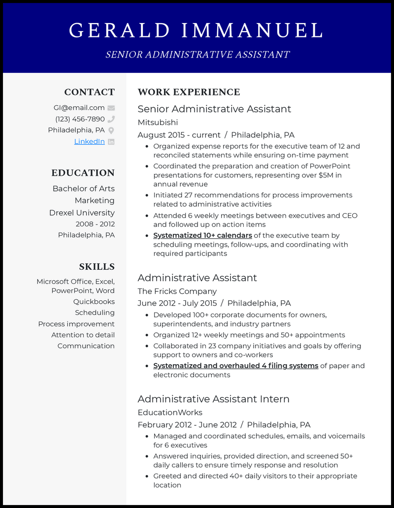 Elegant senior administrative assistant resume example