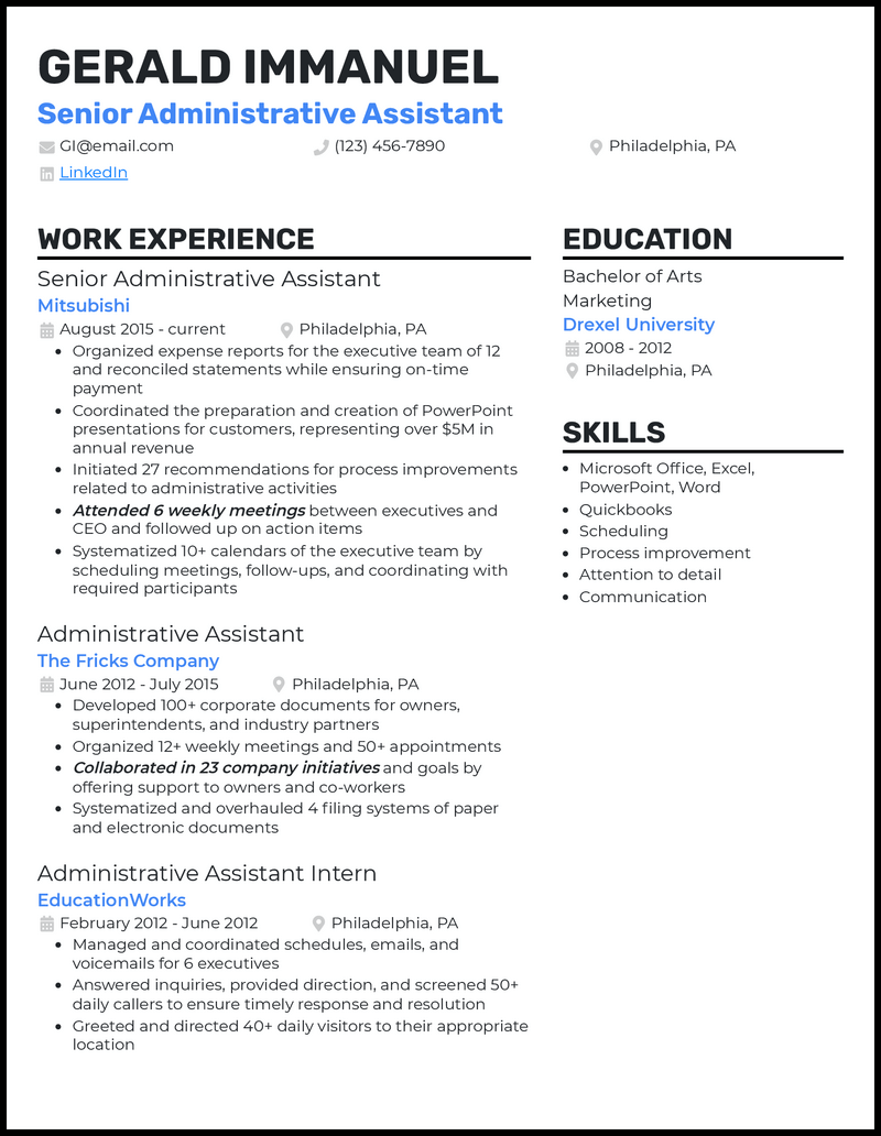 Formal senior administrative assistant resume example