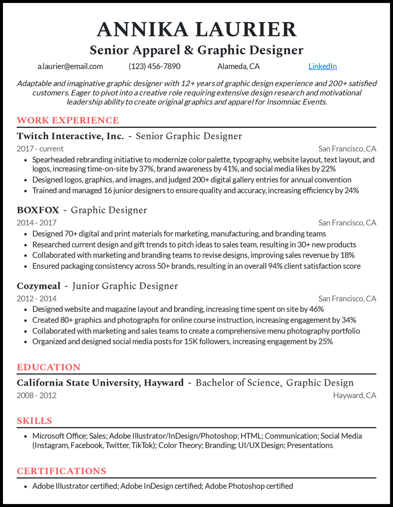 Senior apparel & graphic designer resume example with 10+ years of experience