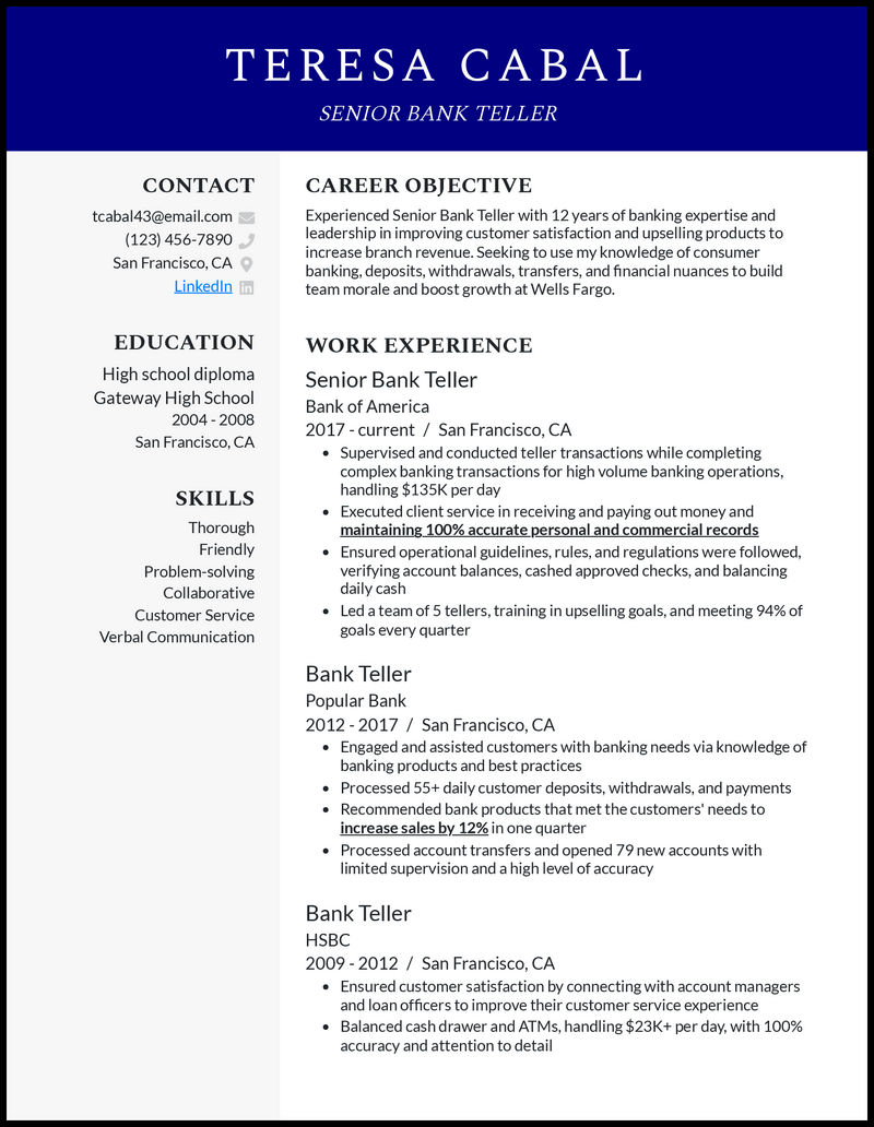 Elegant senior bank teller resume example with 6+ years experience