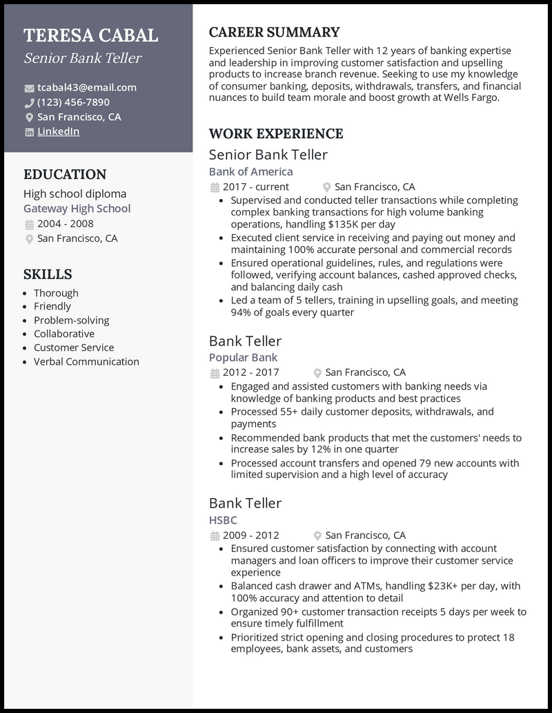 bank teller resume sample entry level