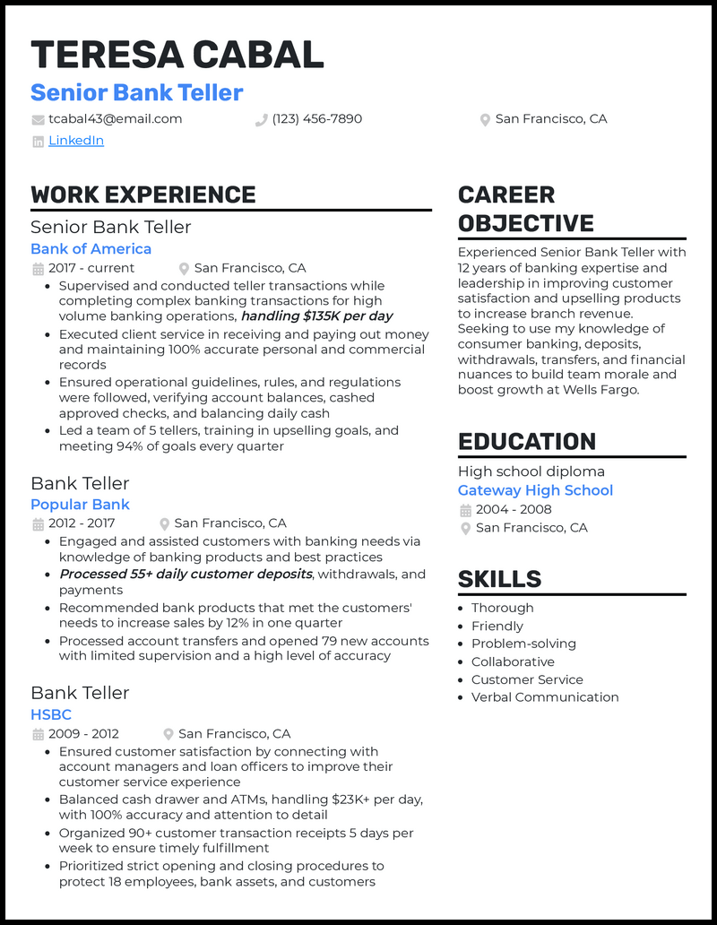 Senior bank teller resume example with 6+ years experience