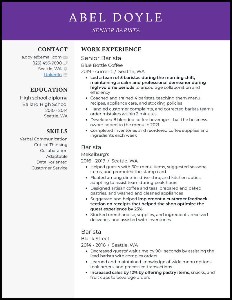 Senior barista resume example with 8 years of experience