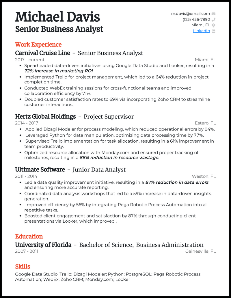 Senior business analyst resume 5 example with 10+ years' experience