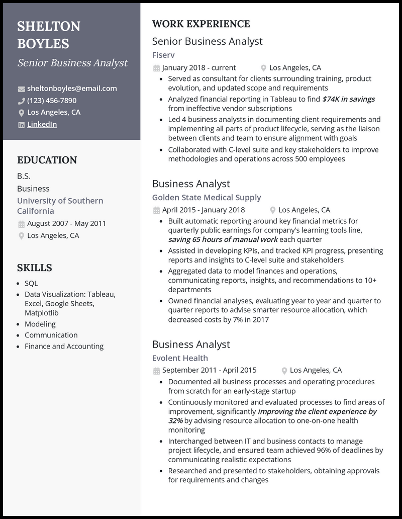 Senior business analyst resume example with 10+ years experience