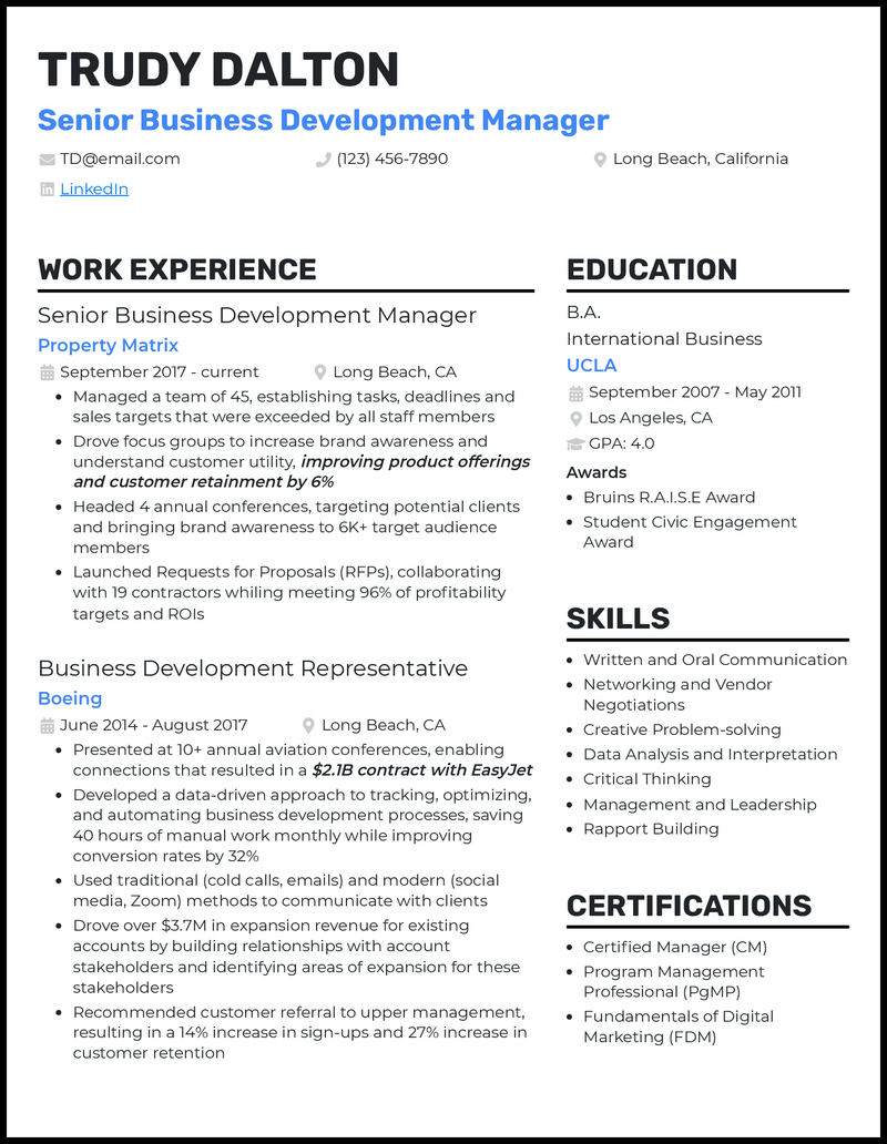 Senior business development manager resume example with 5+ years experience