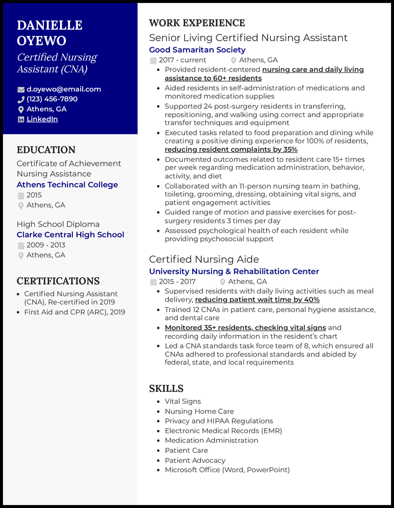 entry level nursing assistant resume examples