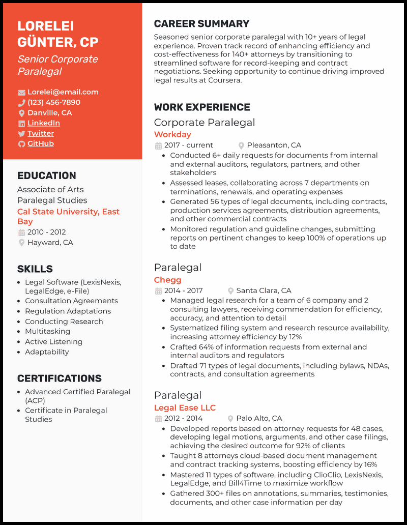 Senior corporate paralegal resume example with 10 years of experience