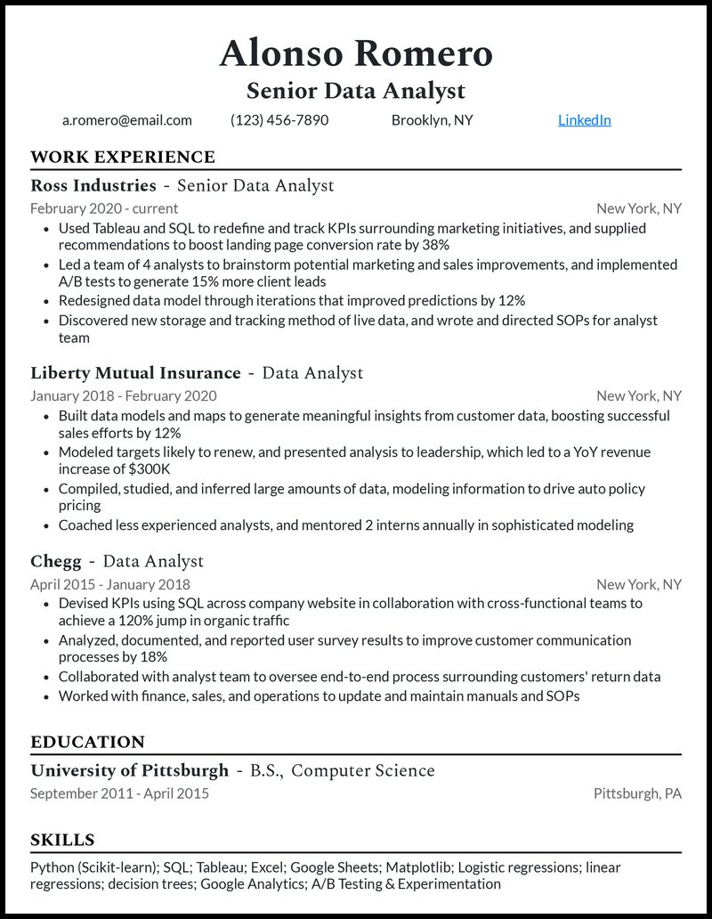 Clean senior data analyst resume sample