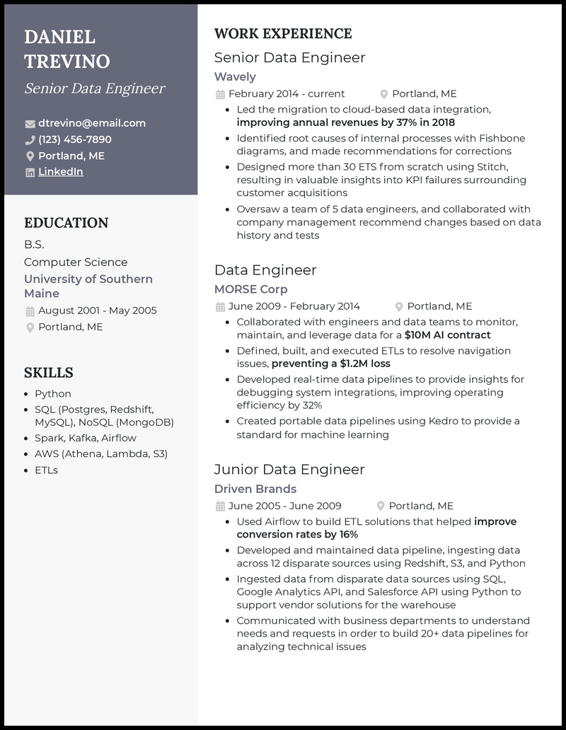 Senior data engineer resume example with 7+ years experience