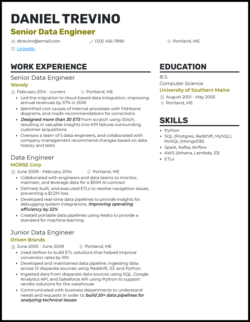 Modern senior data engineer resume example