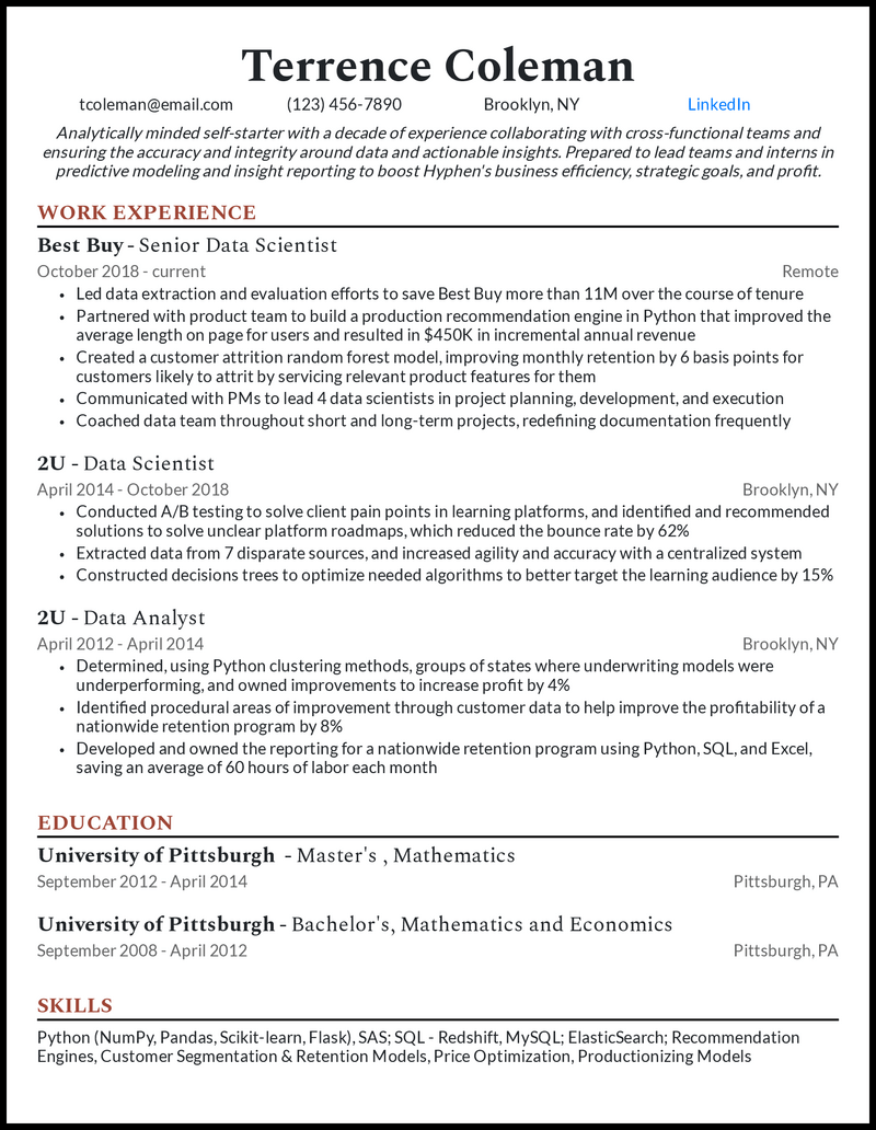 Senior Data Scientist Resume Example 