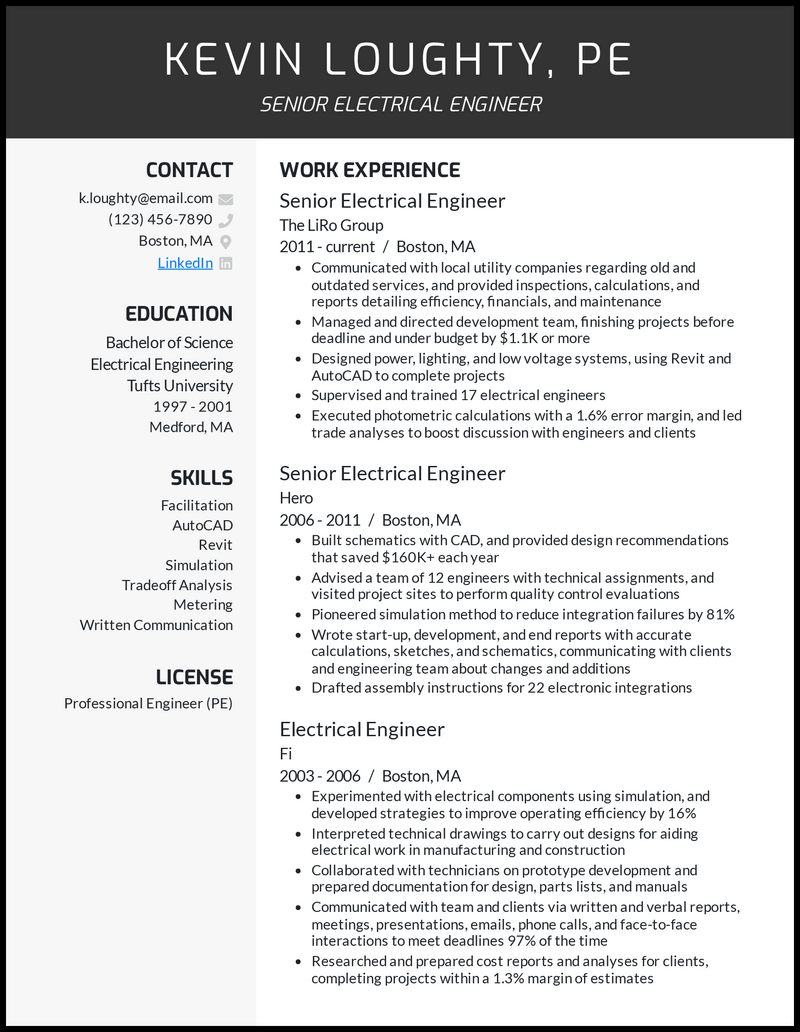 Senior electrical engineer resume example with 19 years of experience