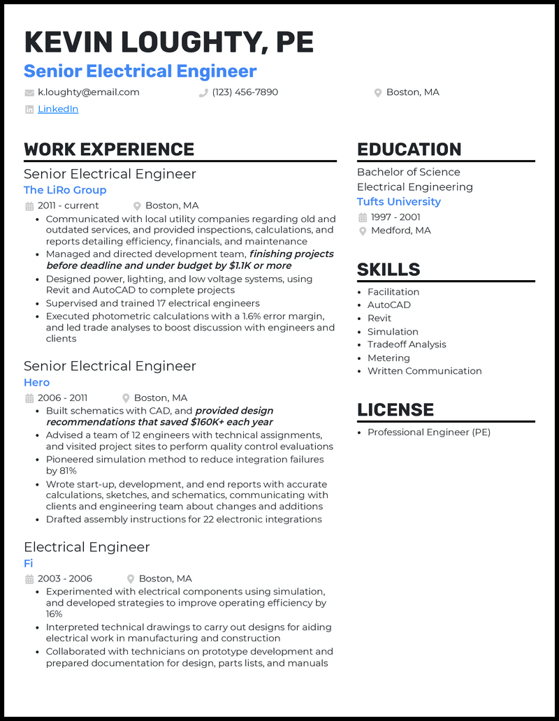 Senior electrical engineer resume example with 6+ years experience