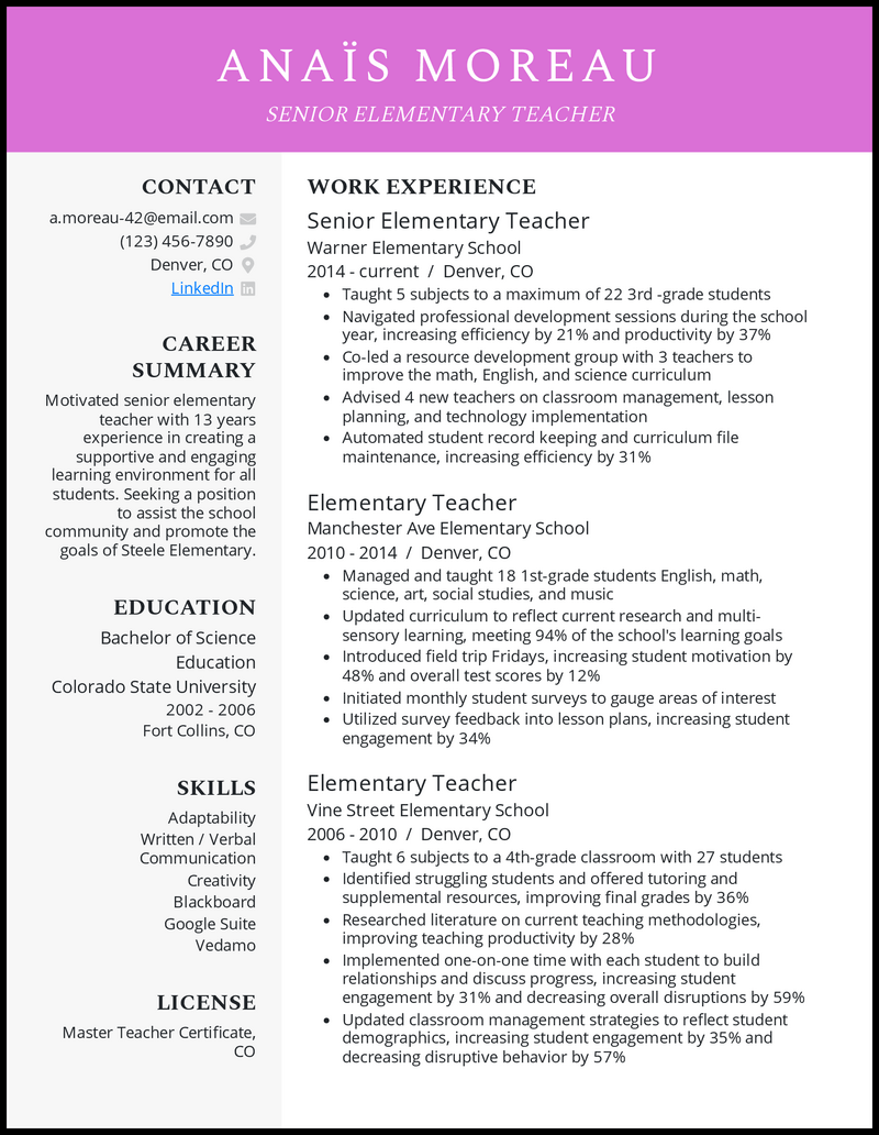 Senior elementary teacher resume example with 16 years of experience