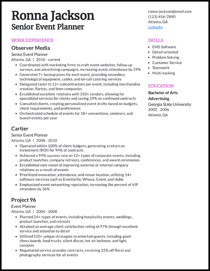 Senior event planner resume example with 16 years of experience