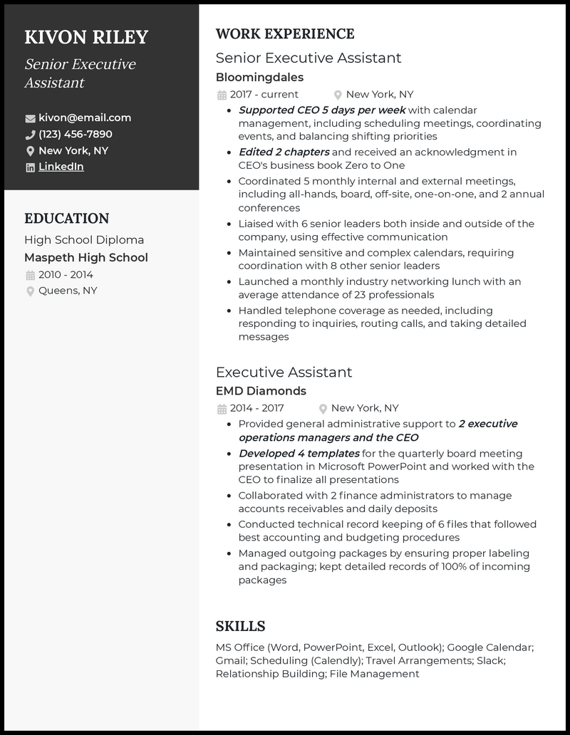 Senior executive assistant resume example with 8 years experience