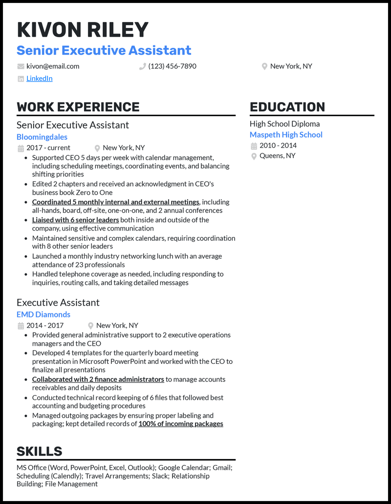 Clean senior executive assistant resume example with 8 years experience