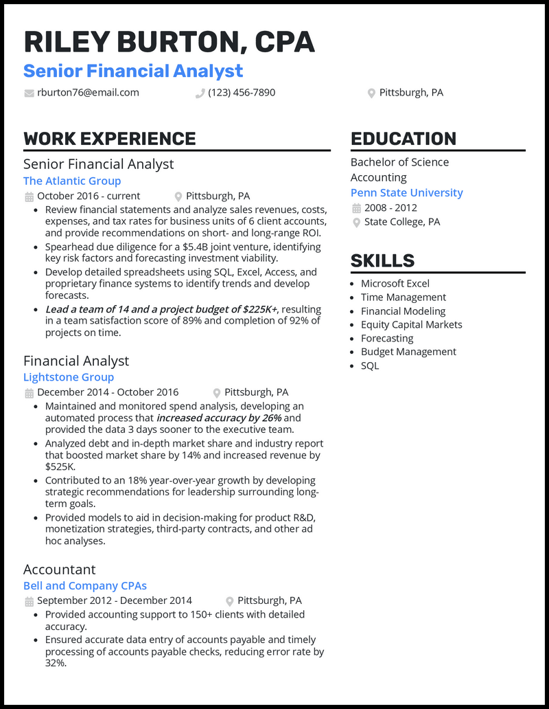 Senior financial analyst resume example with 5+ years experience