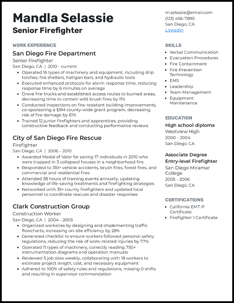 job description for resume firefighter