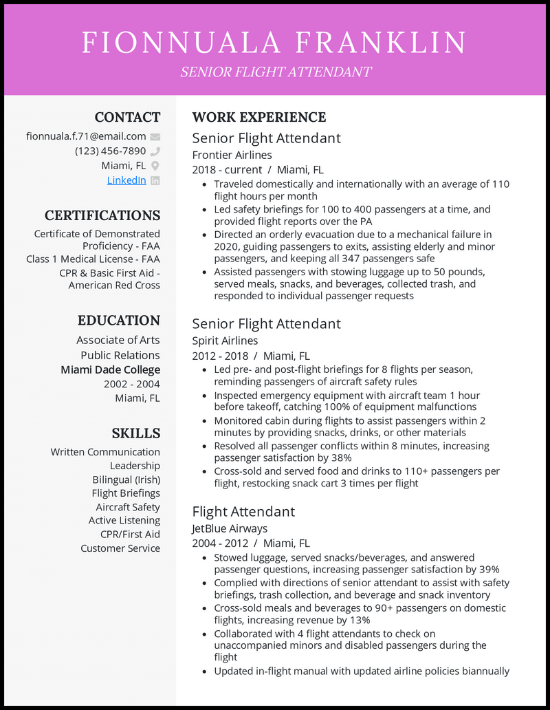 how to put flight attendant experience on resume