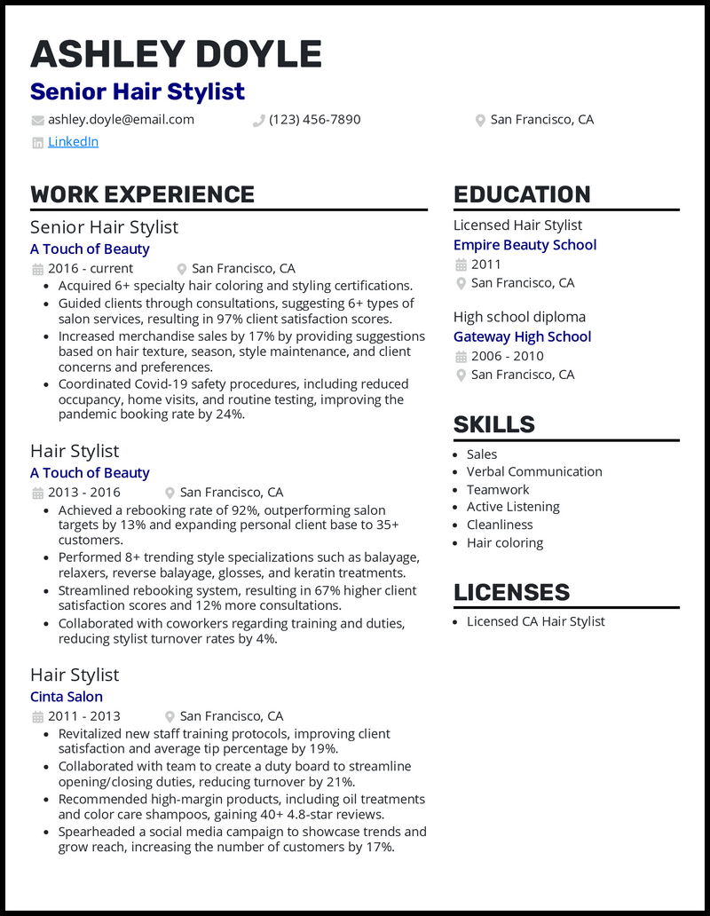 resume samples for salon job