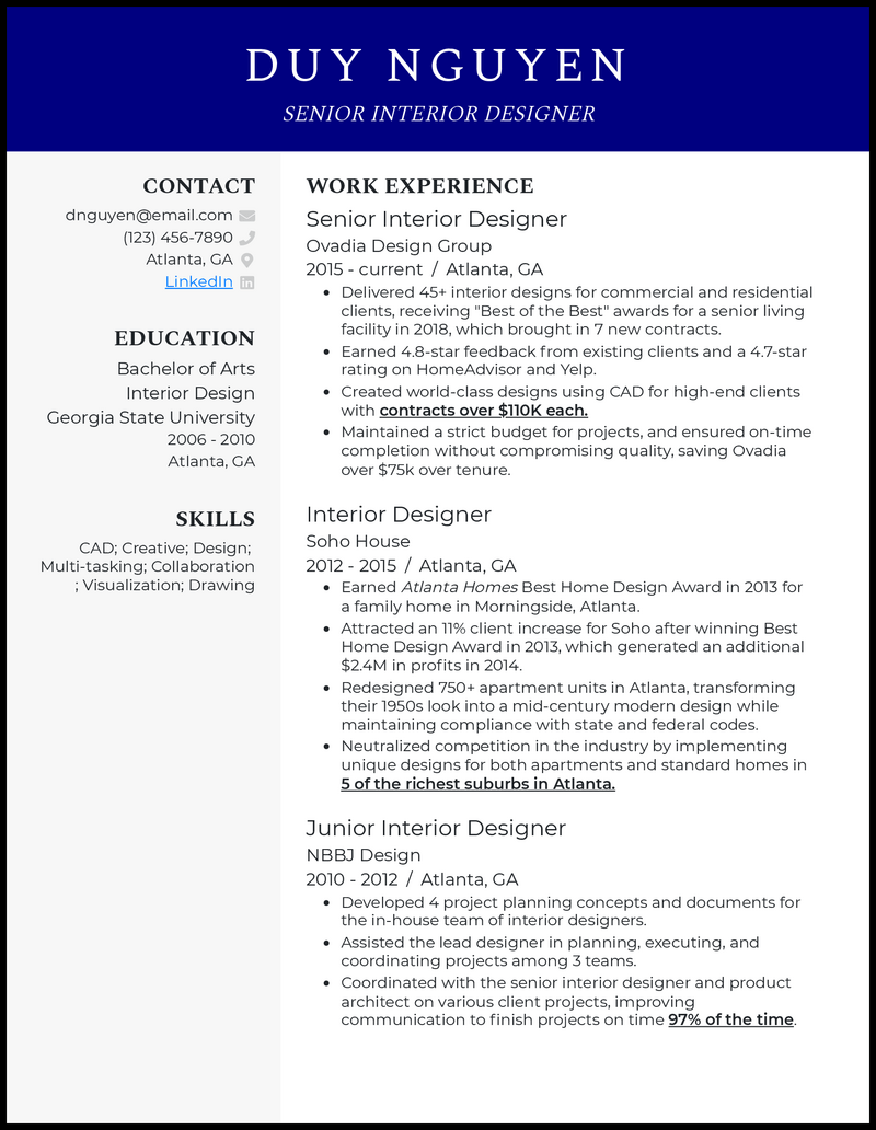 Elegant senior interior design resume example with 8+ years experience