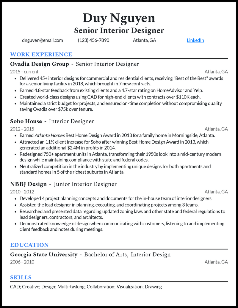 Senior Interior Design Resume Example 