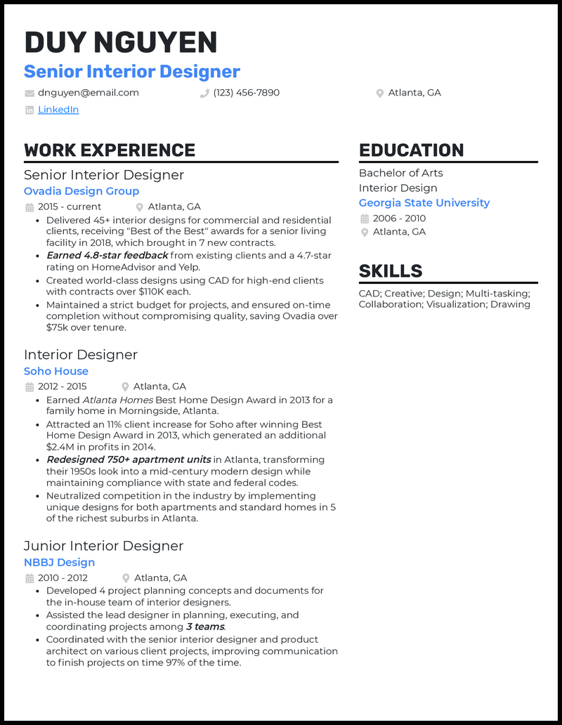 Formal senior interior design resume example with 8+ years experience