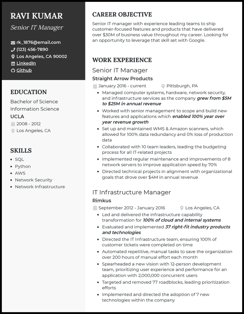 Senior it manager resume example with 6+ years experience